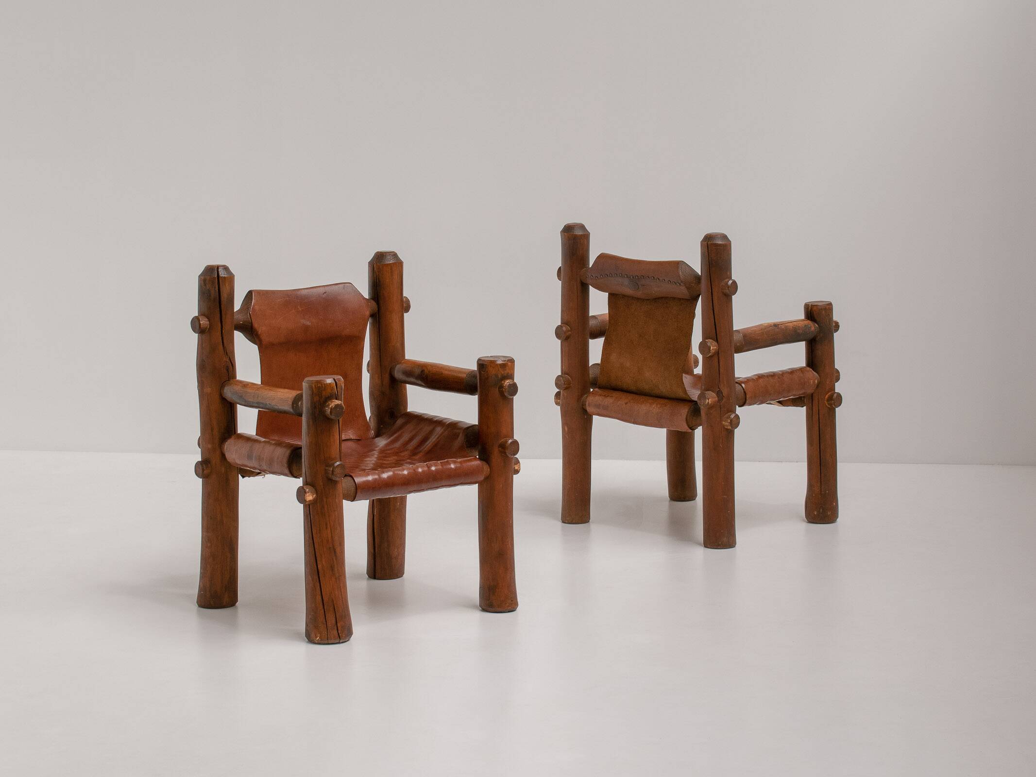 Brutalist Armchairs in Saddle Leather, Hungary, 1970s