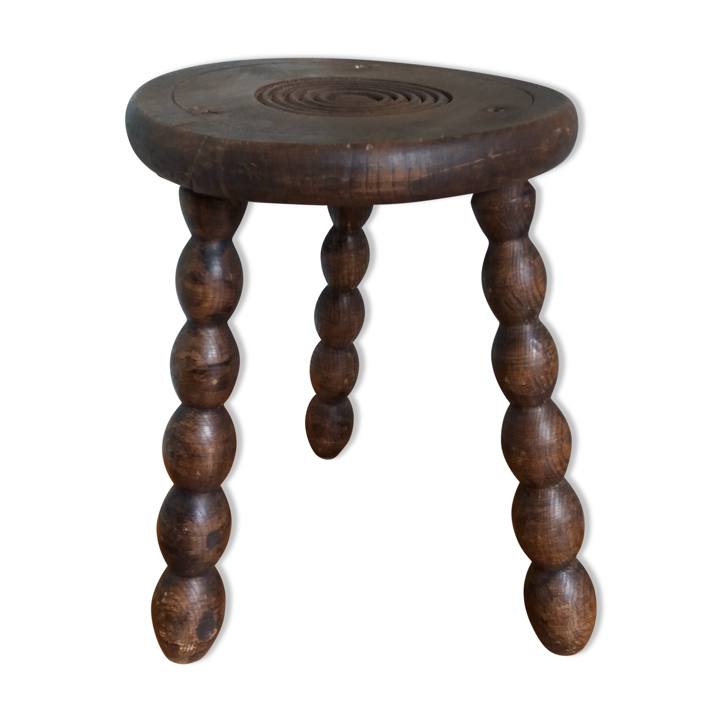 Tripod stool in wood turned coil way