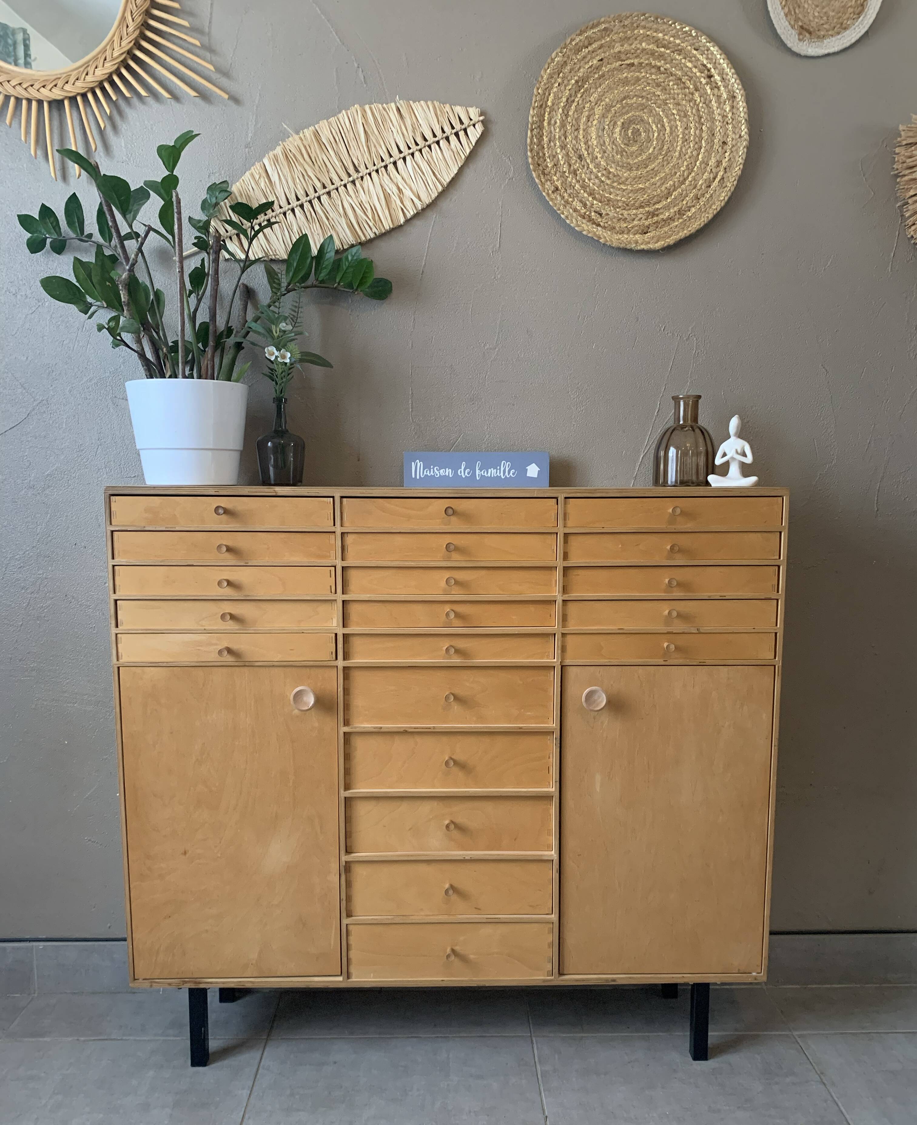 Vintage 20-drawer craft cabinet, 1960s in raw wood