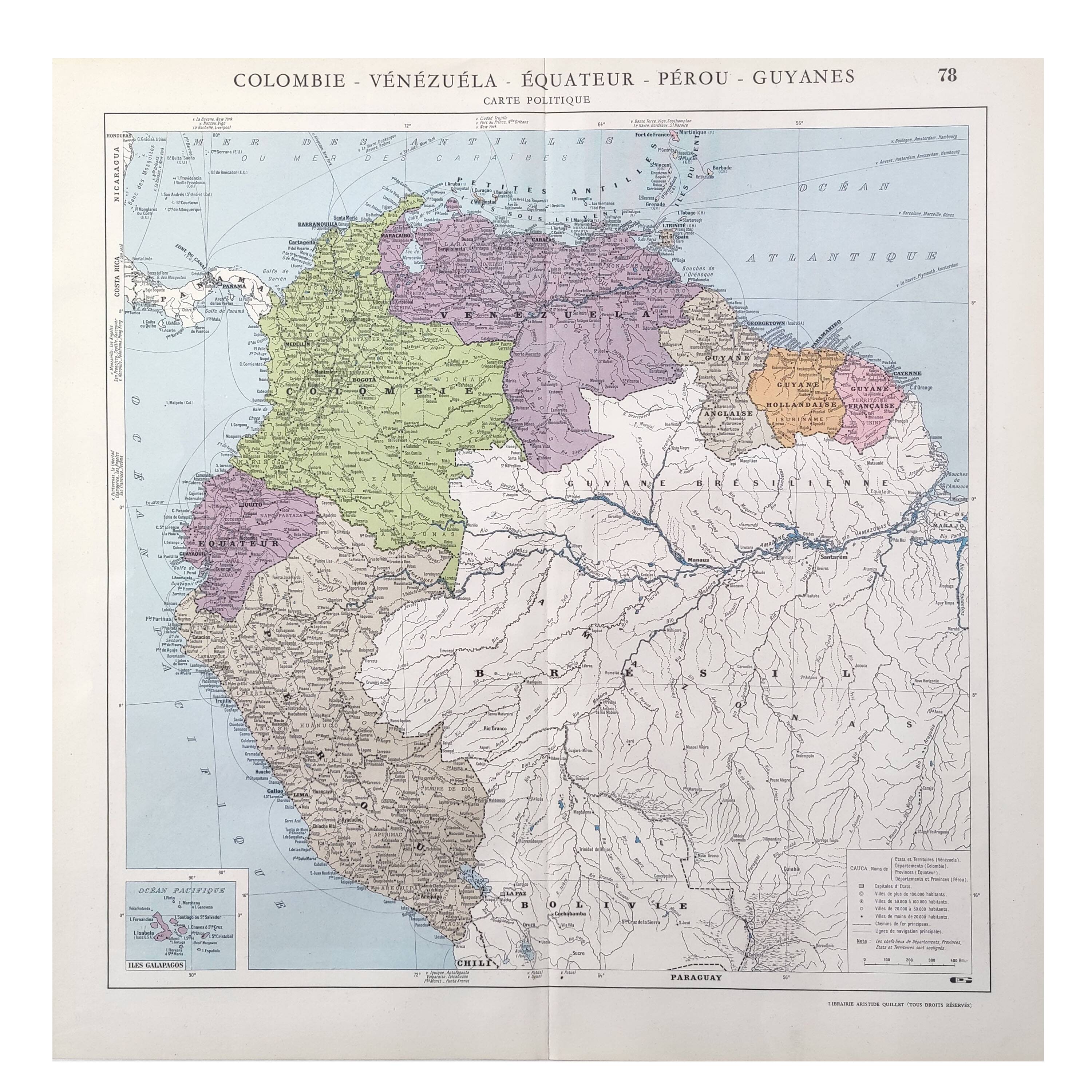 Vintage map Colombia Venezuela Ecuador Guyanas 43x43cm from 1950