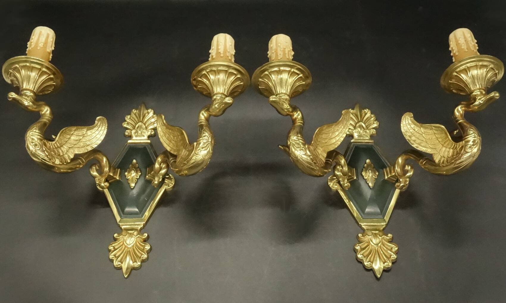 Pair of Empire style swan wall lights from Petitot - bronze & green patina