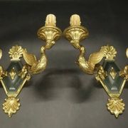 Pair of Empire style wall sconces with swans by Petitot - bronze & green patina