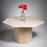 Postmodern octagonal coffee table in Italian travertine, 1970.