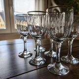 Set of 6 vintage red wine glasses with scrolled drinking rim and gold rim