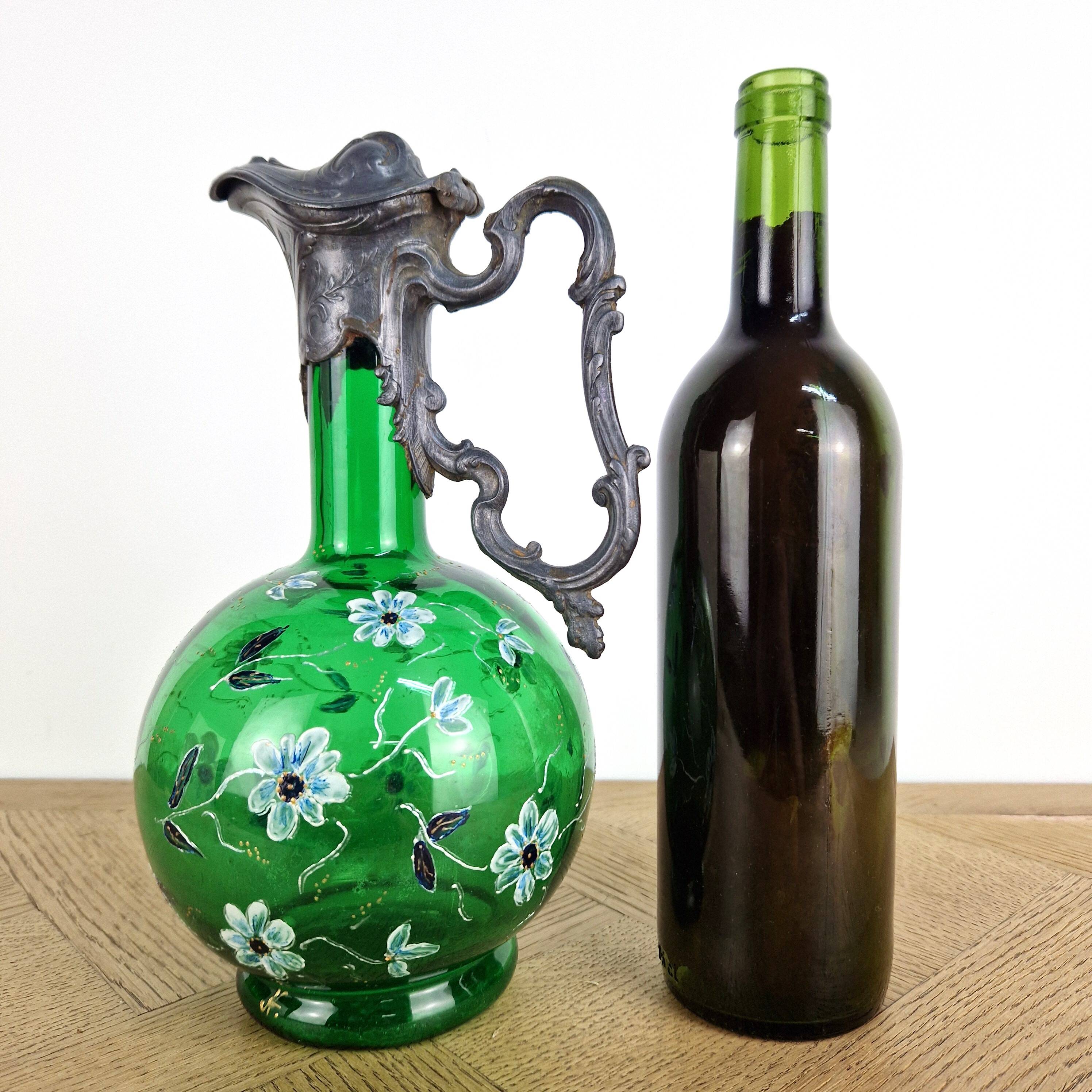 Antique Art Nouveau carafe - Bird jug enamelled glass