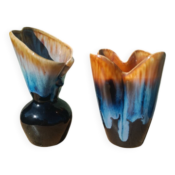 "Pair of vintage glazed ceramic vases – blue flamed glaze – ann"