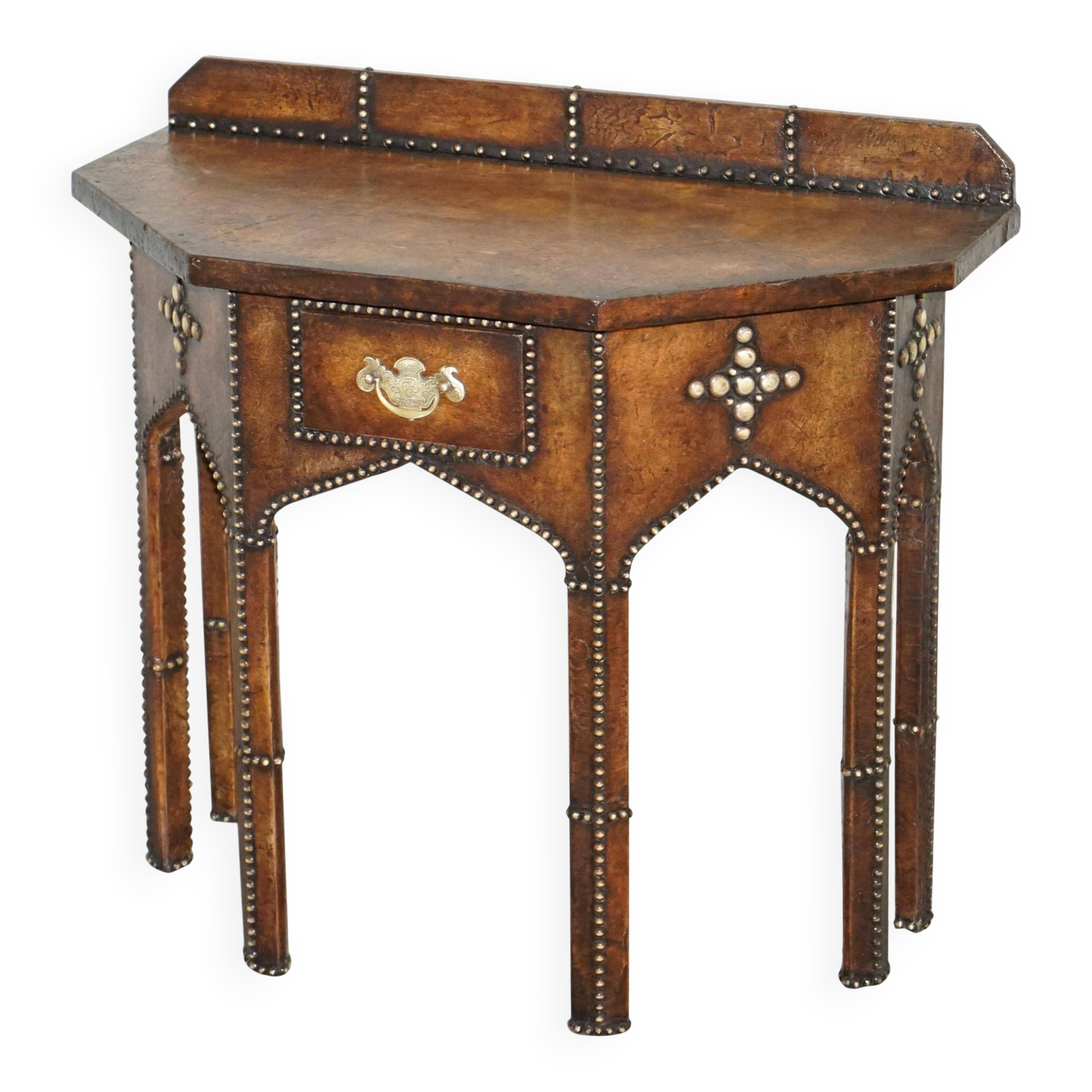 Antique Leather Studded Console Table in Gothic Pugin Style Restored