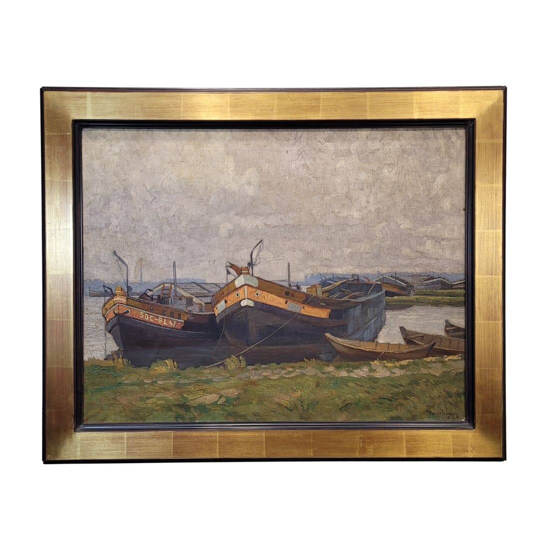 "Boats moored on the shore" Gerard Beutner, Art Deco, 1920s – Poland