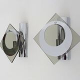 Pair of chrome metal and glass wall sconces, VECA Fontana Arte style.