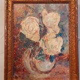 Oil on panel year 40 Bouquet of white roses signed Suzanne Sardin