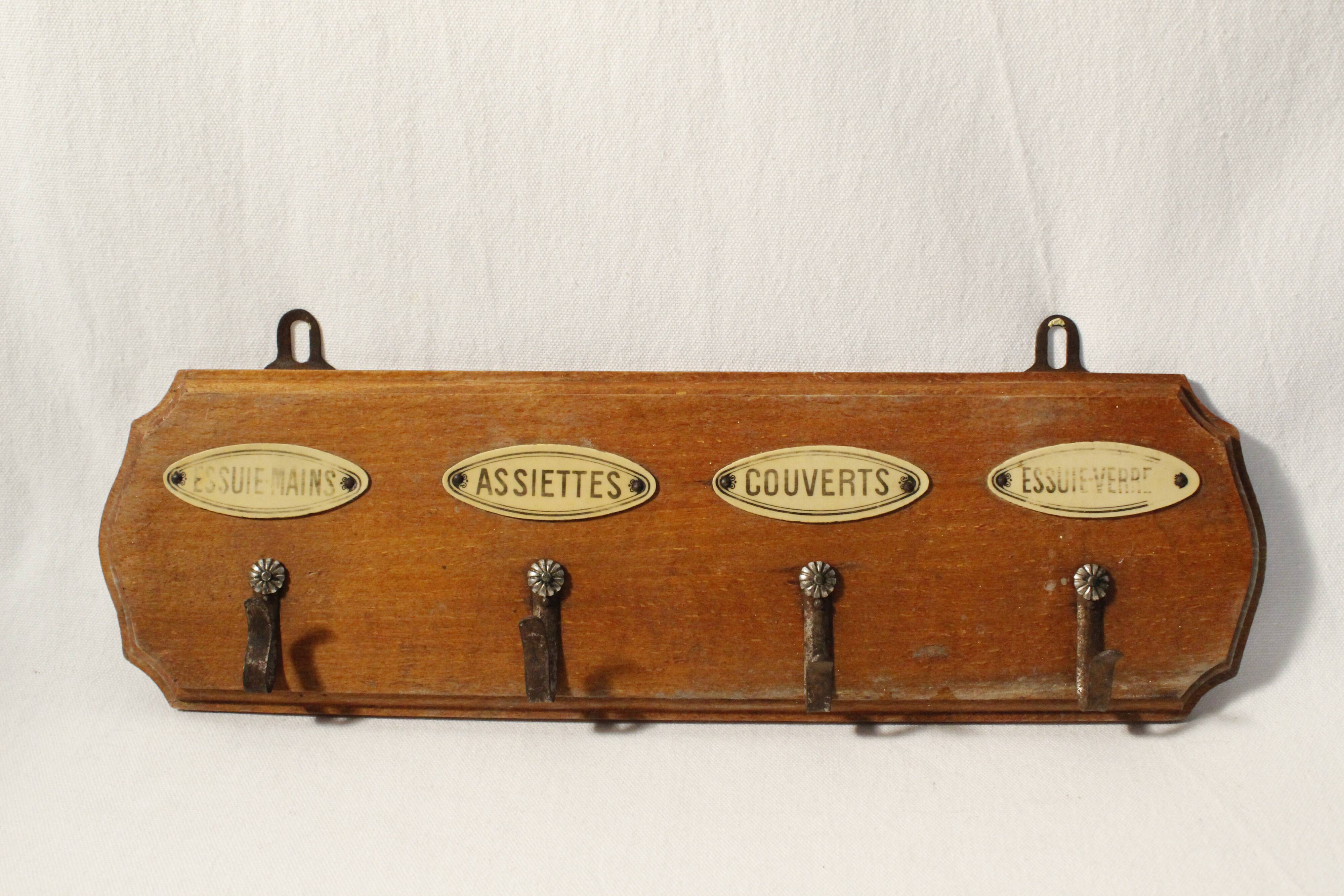 Vintage antique wooden tea towel holder 4 hooks