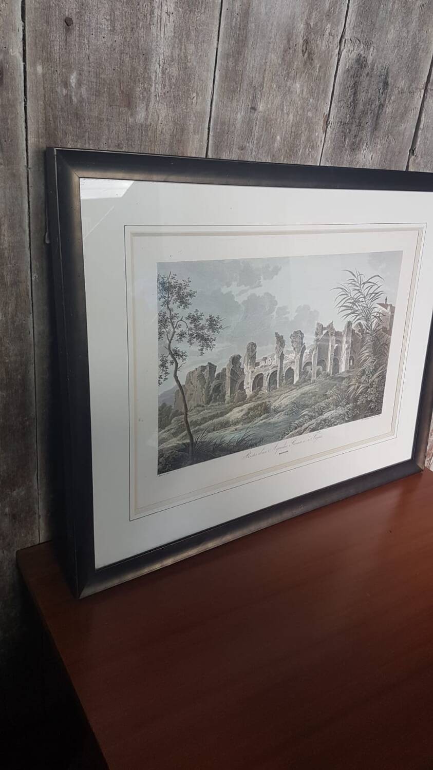 Old Color Lithograph “Roman Aqueduct Fréjus” + Black Wood Frame #A686