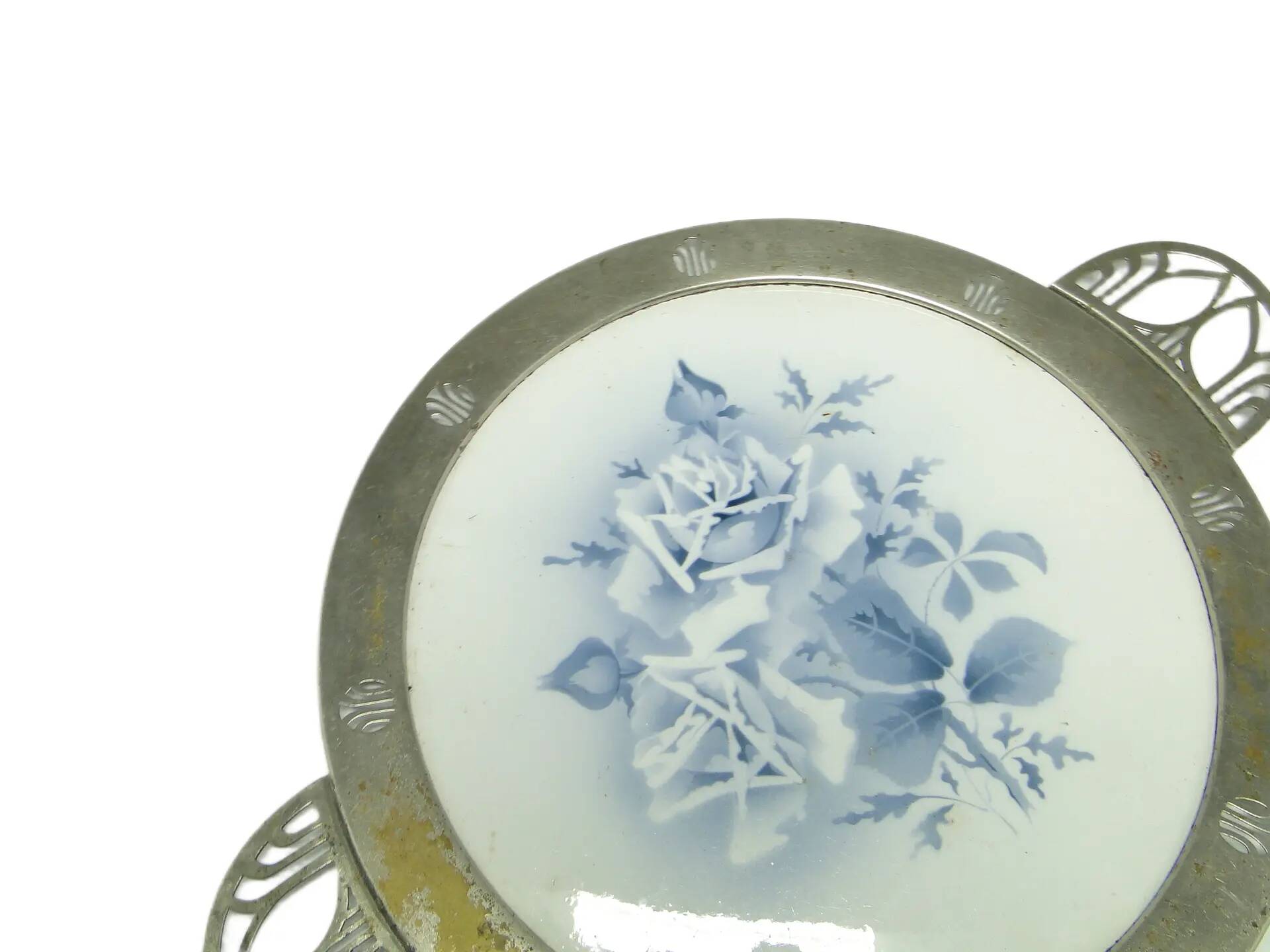 Art Nouveau tray, silver-plated brass, white porcelain, Austria, early 20th century