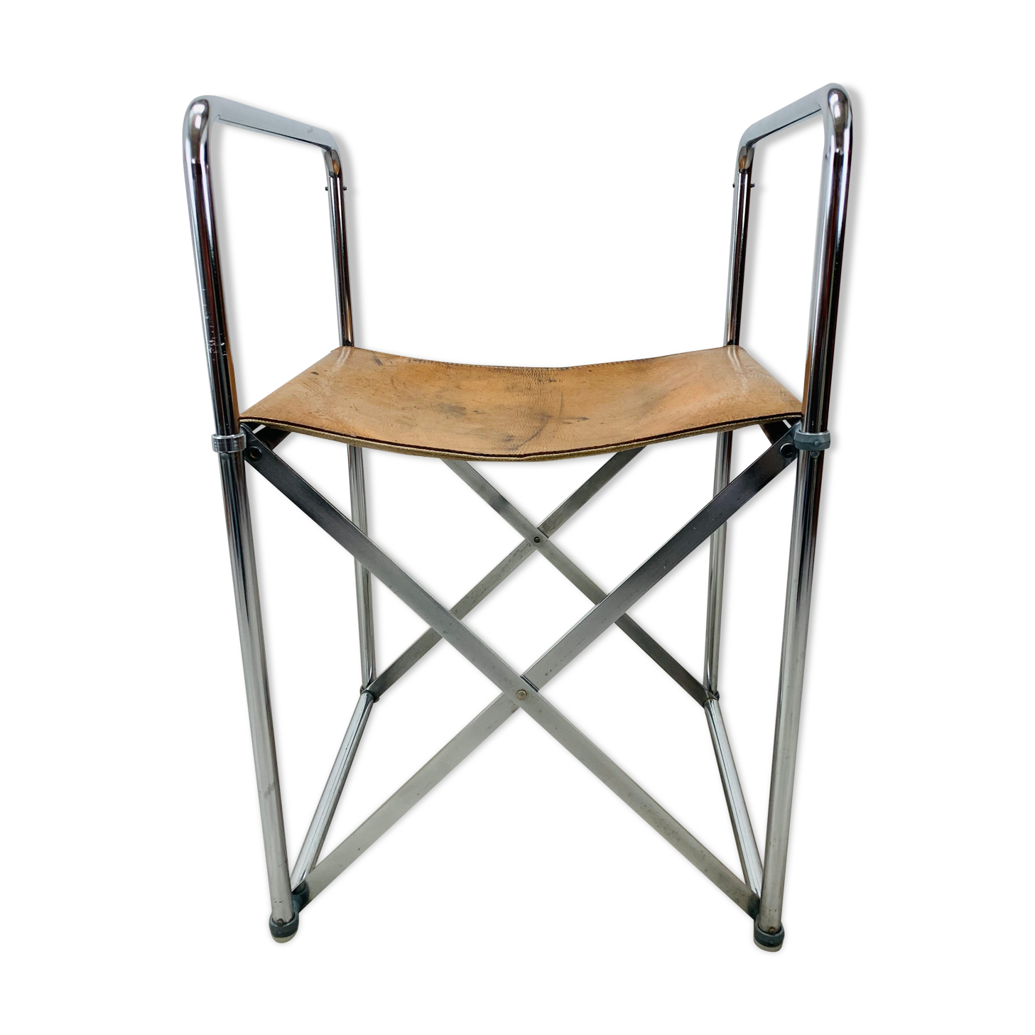 Tabouret pliant cuir et chrome style Bauhaus