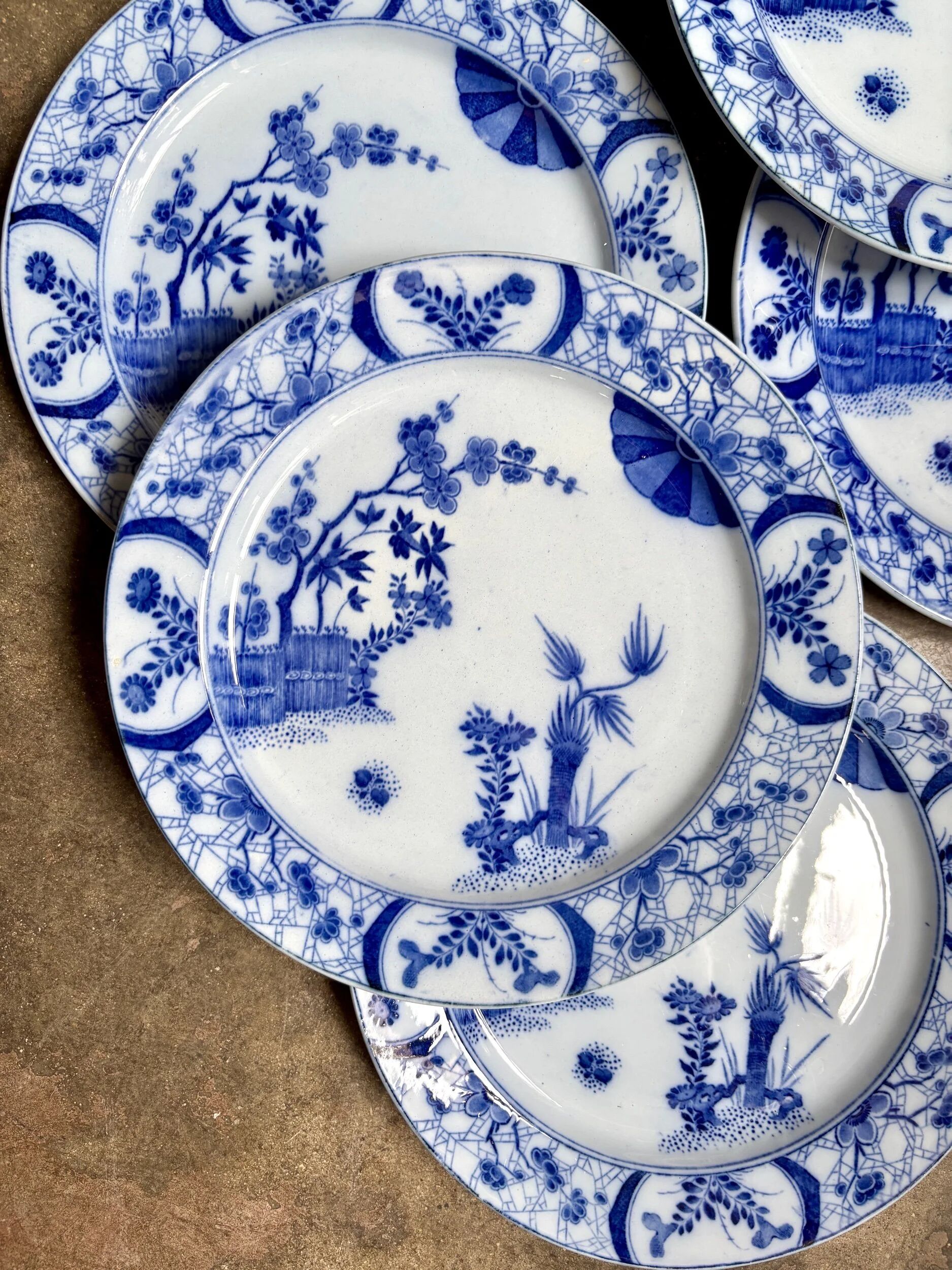 6 dessert plates Creil & Montereau in blue ironstone, "Japan" service