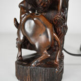 African carved ebony lamp, "Hunters, buffalo and crocodile"