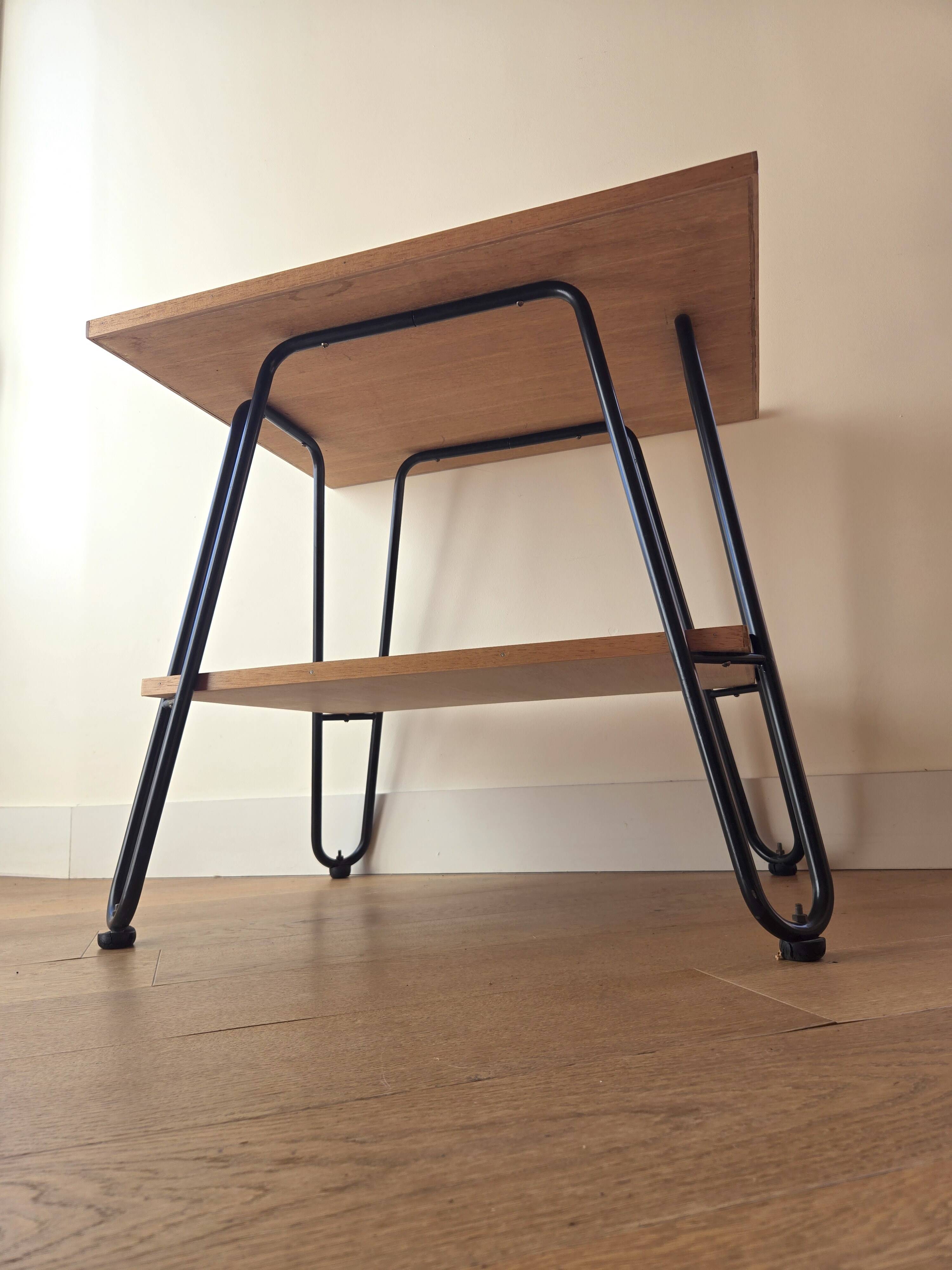 Side table in wood and steel in the style of Jacques Hitier, 1950s