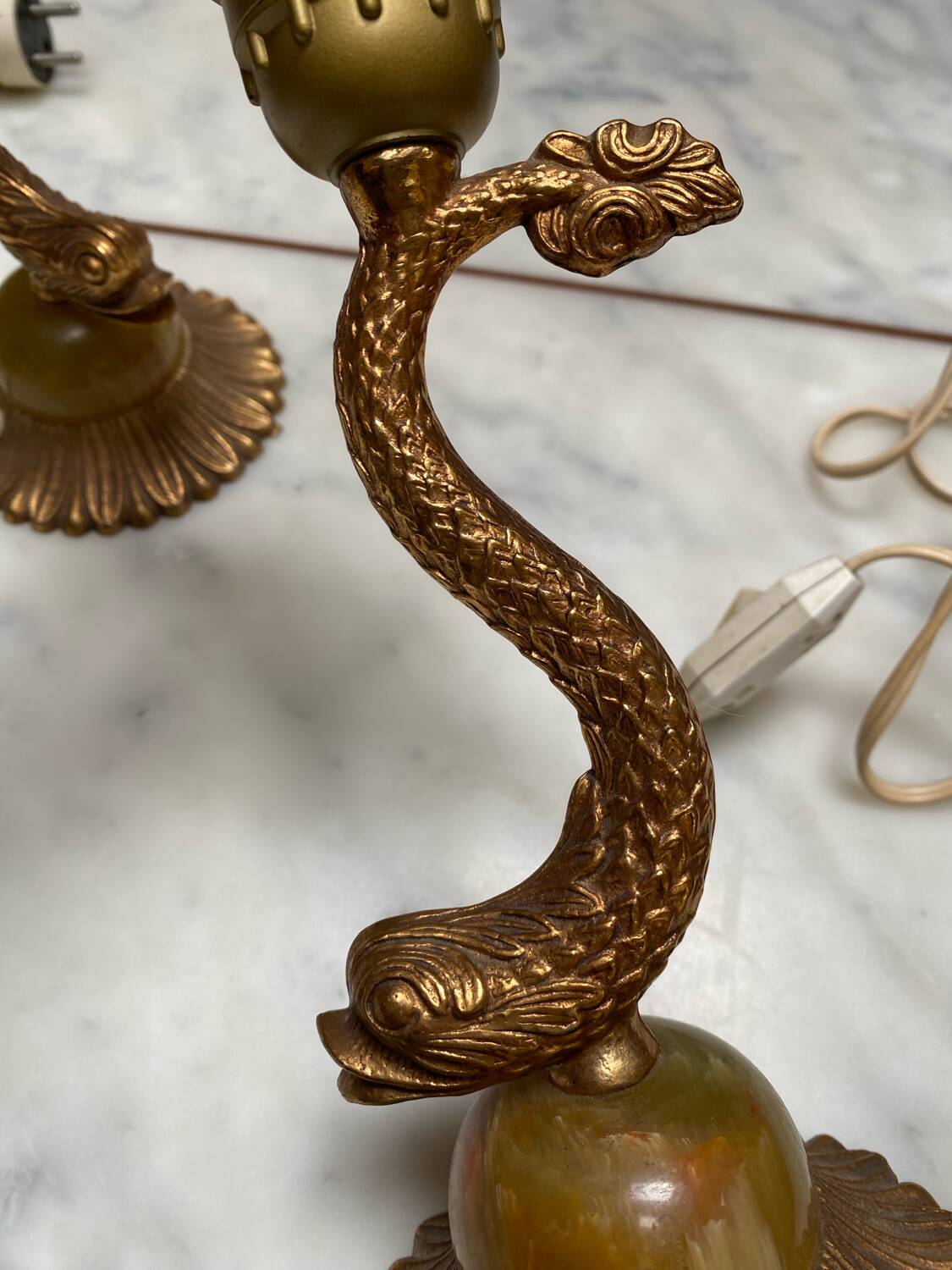 Pair of golden brass fish lamps