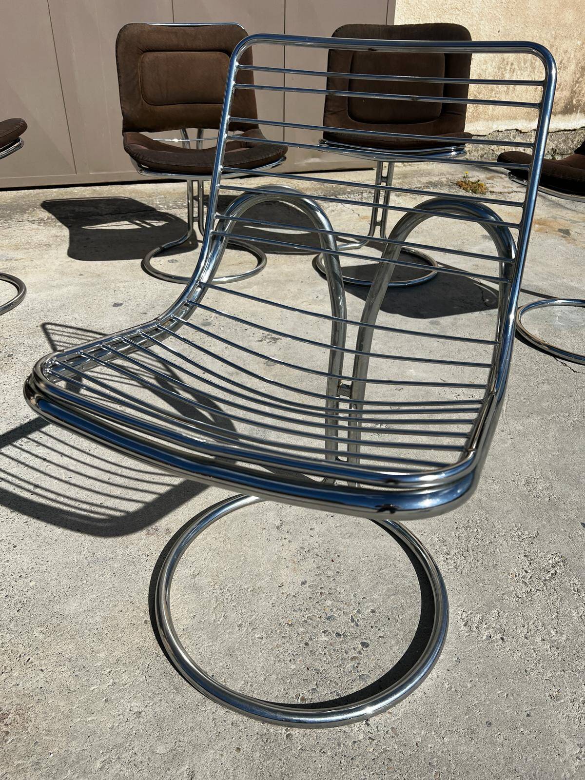 Set of 6 vintage Gastone Rinaldi style chrome steel chairs