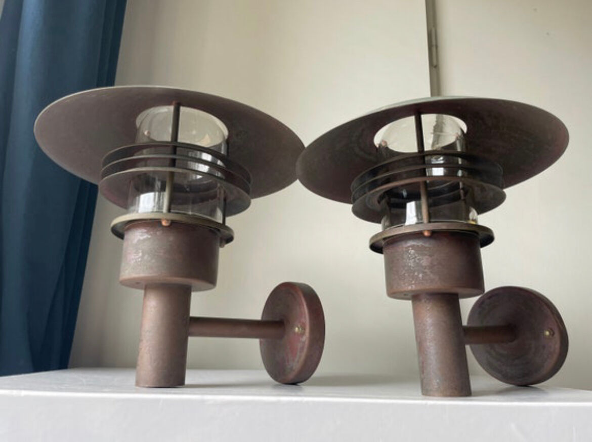 Pair of classic danish vintage MCM outdoor wall lamp in copper