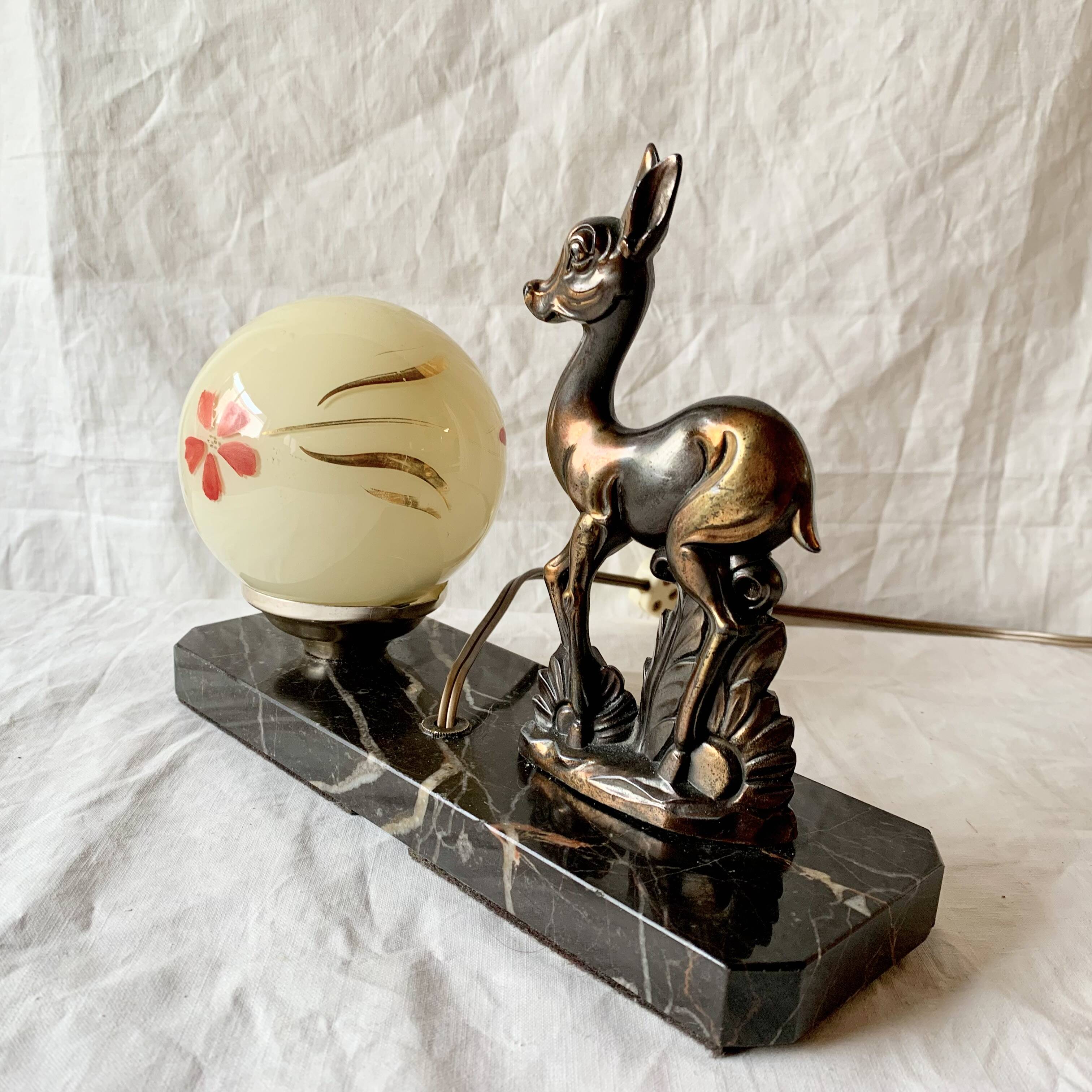 Art Deco bedside lamp - Globe and fawn on marble base