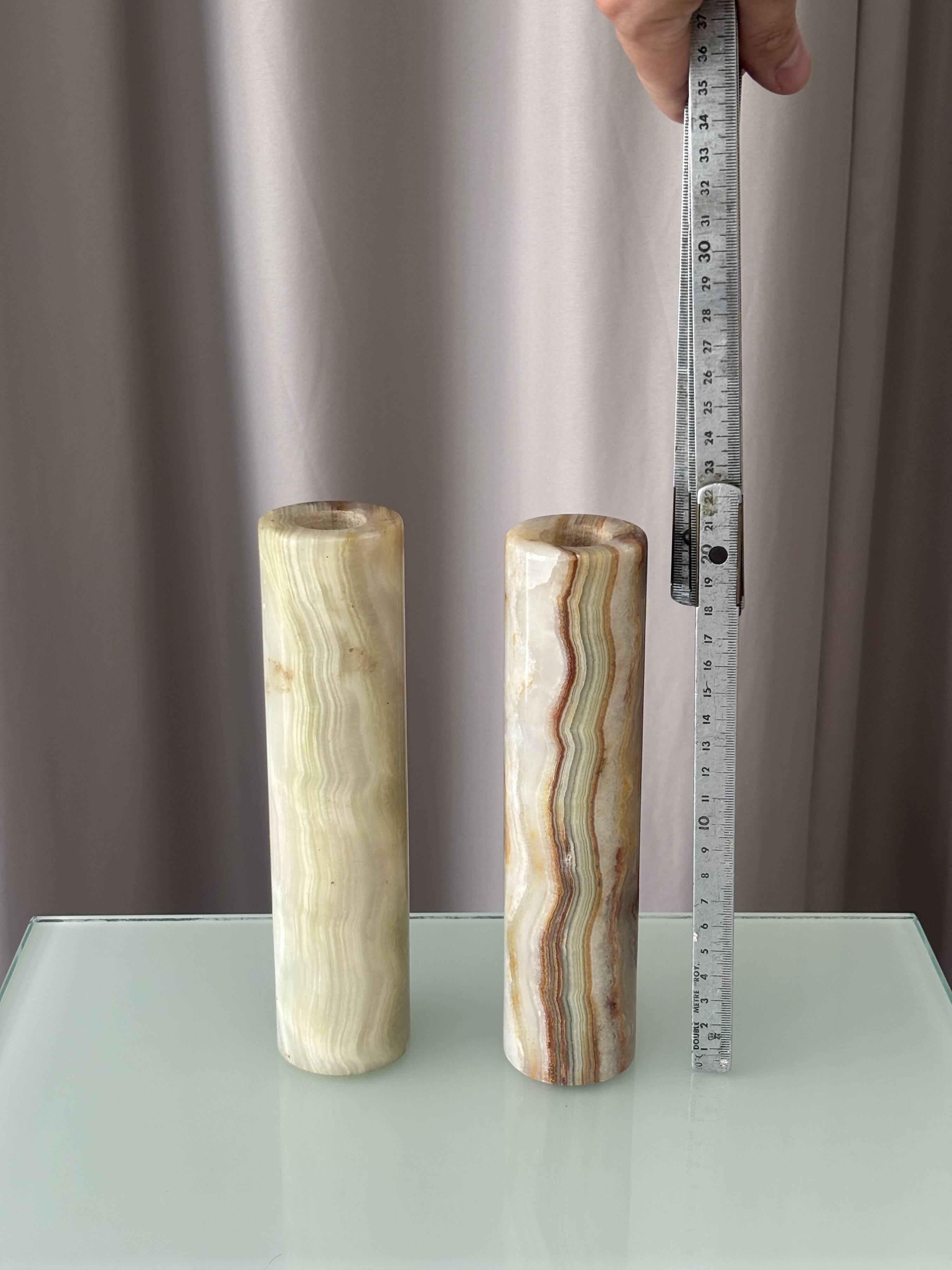 Vintage Alabaster Bud Vases / Candlesticks – Pair – Italian Stone – 20 cm