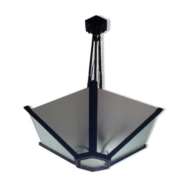 Lustre Art Déco d'époque - fer forgé et verre dépoli