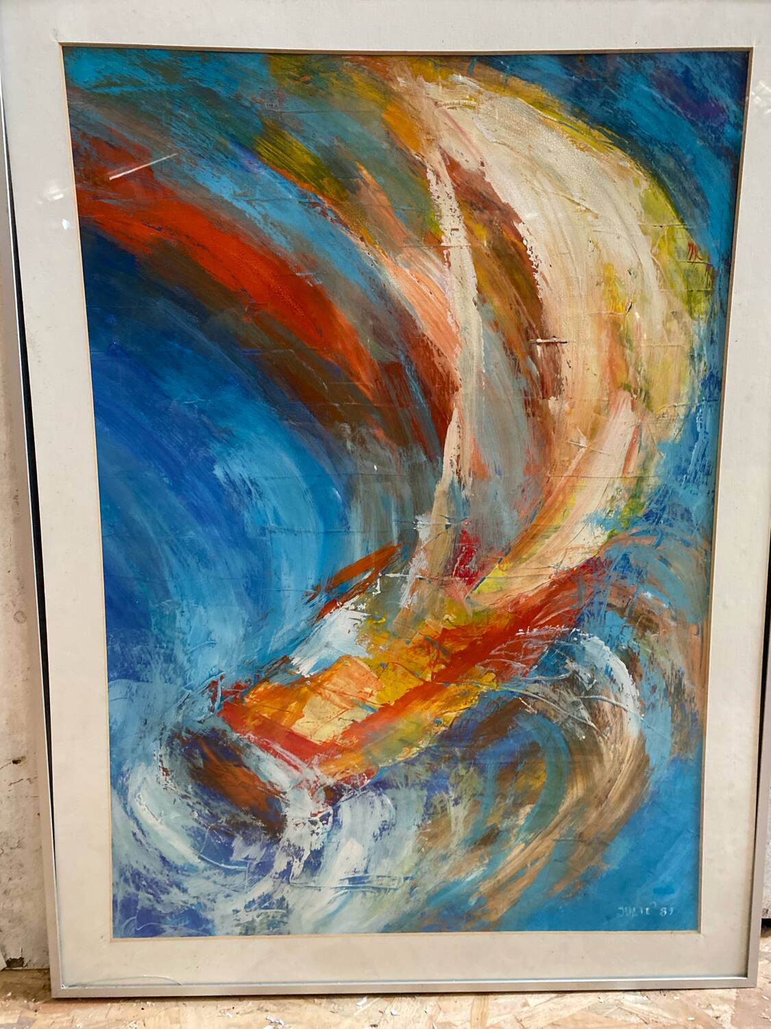 Old Oil On Paper JULIE Boat 89 + Grey Aluminum Frame