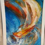 Old Oil On Paper JULIE Boat 89 + Grey Aluminum Frame