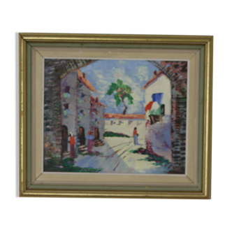 Original 1950s Swedish modernist oil painting on canvas "Street View" by CHARLES SCHÖLANDER.