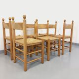 Suite of 6 vintage brutalist chairs in solid oak wood and straw from the 60s