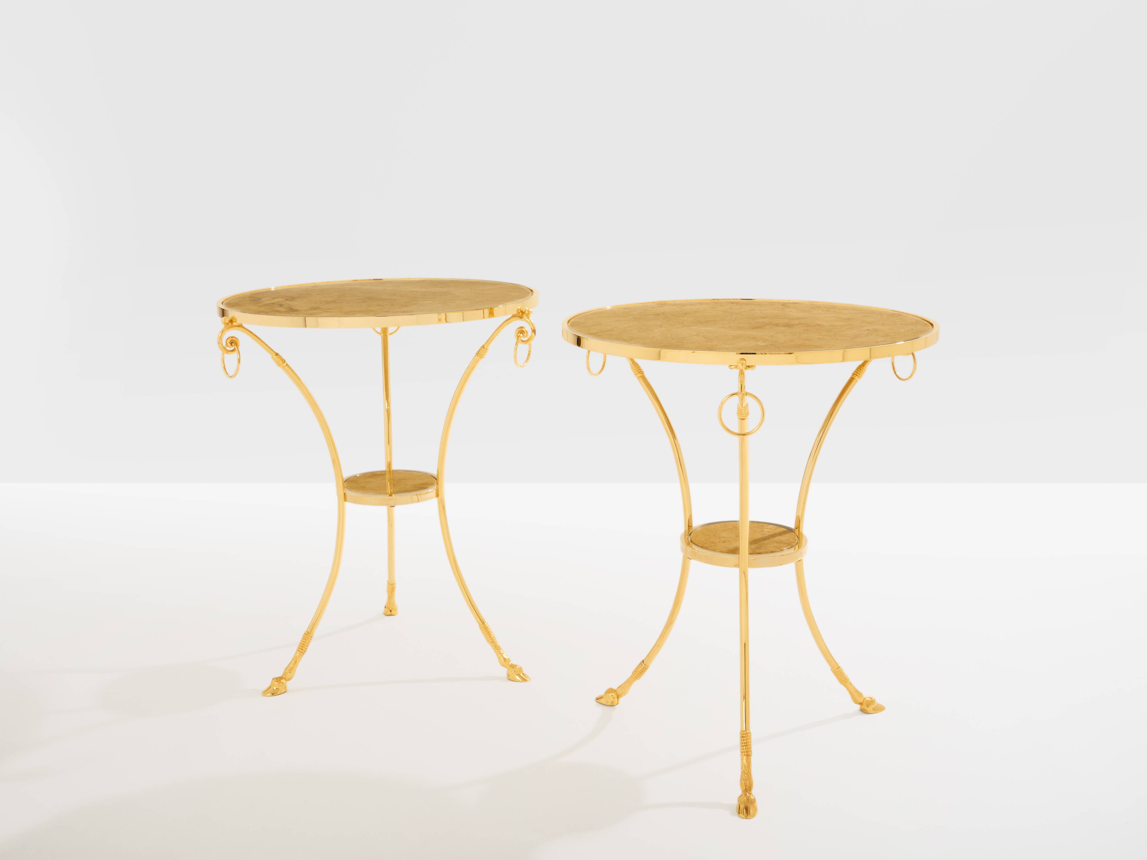 Set of 4 neoclassical side tables in brass and marble by Maison Charles, 1960.