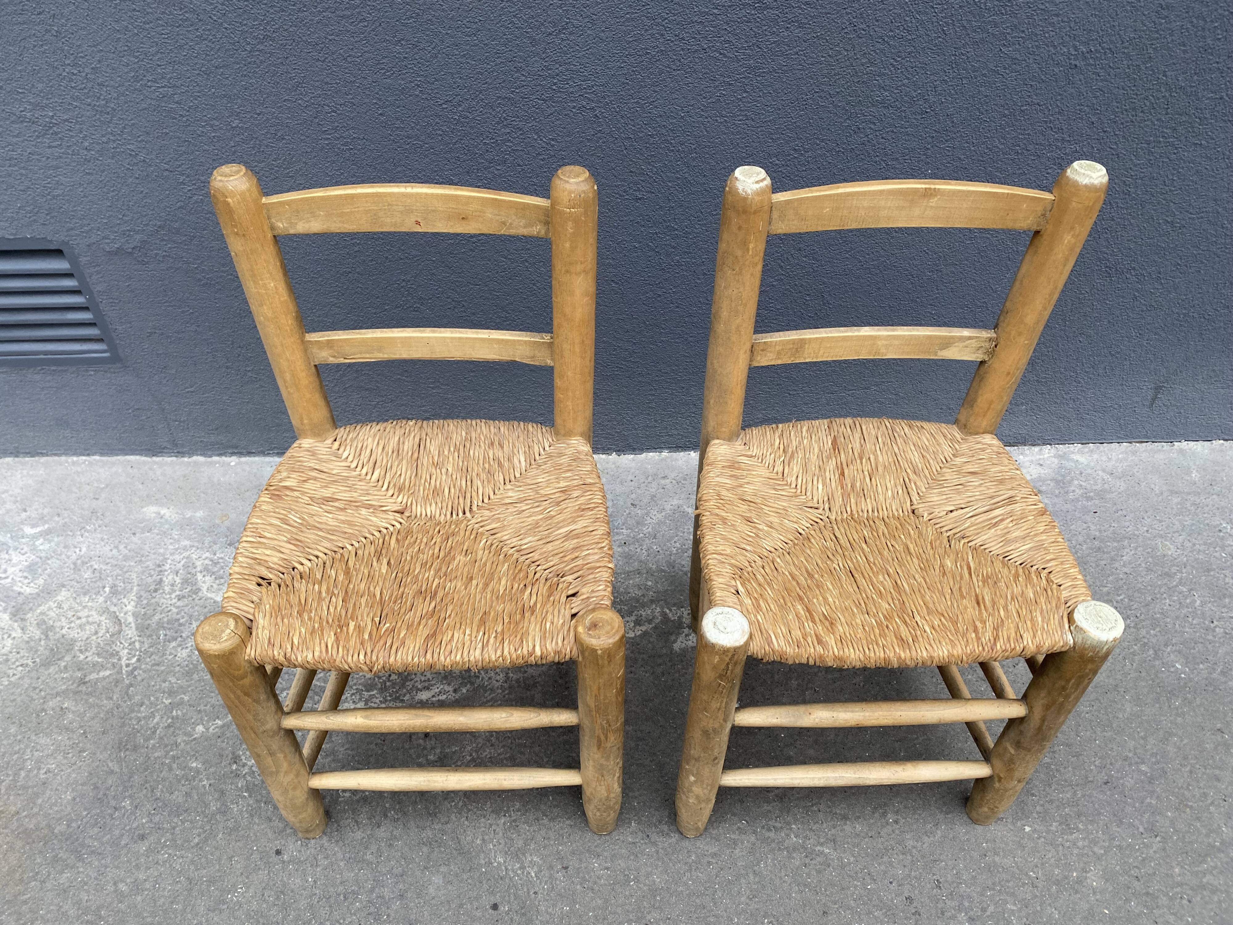 Set of 2 chairs in raw wood and straw from the 50s