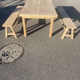 Solid oak farmhouse table and these two benches