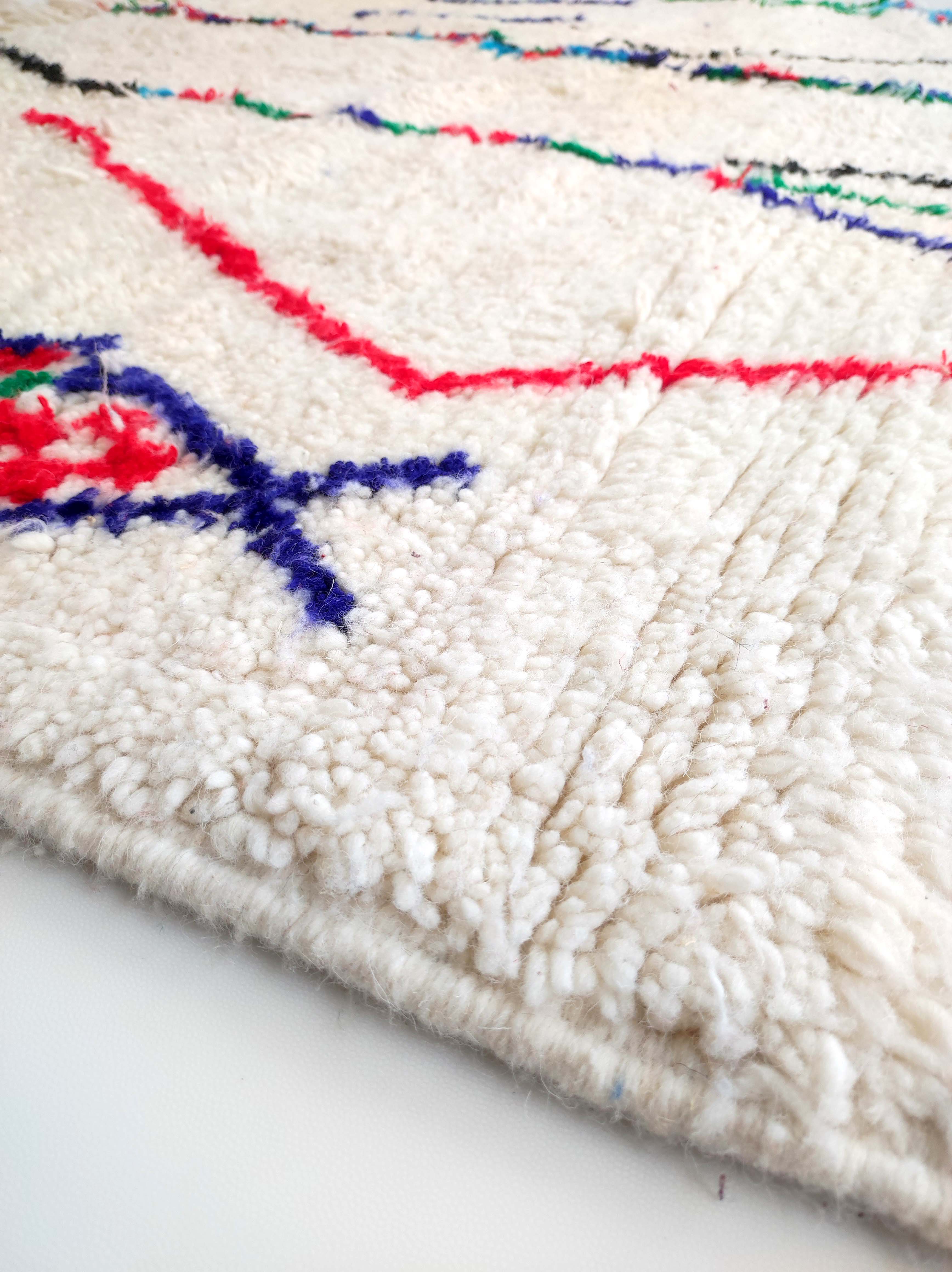 Moroccan Berber carpet azilal ecru with colorful patterns 232x162cm