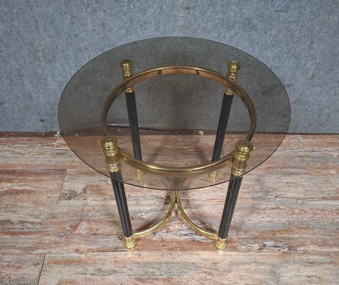 Round side table in brass and smoked glass – 1970s