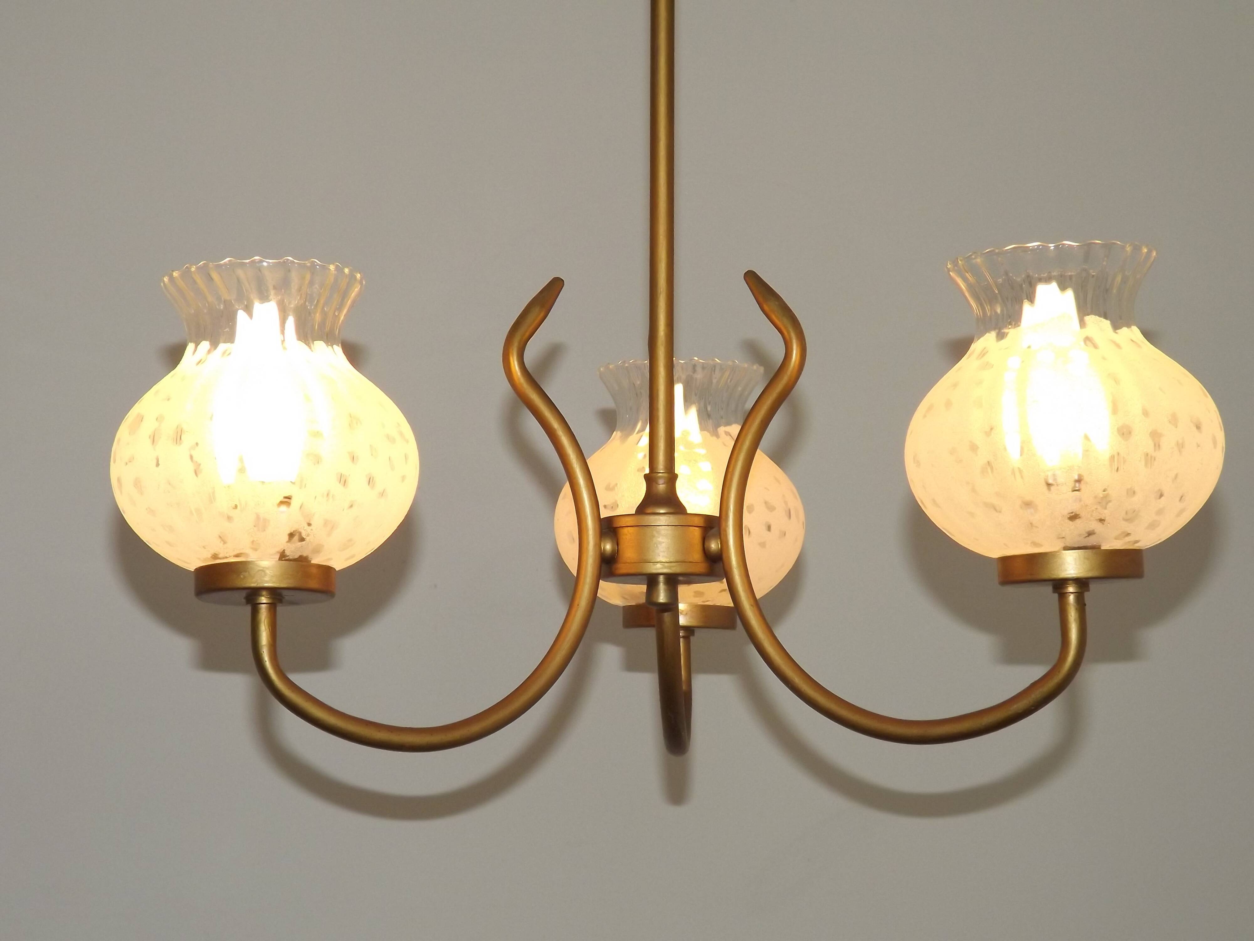 French Mid Century 3 Light Gold Metal Chandelier Textured Glass Shades