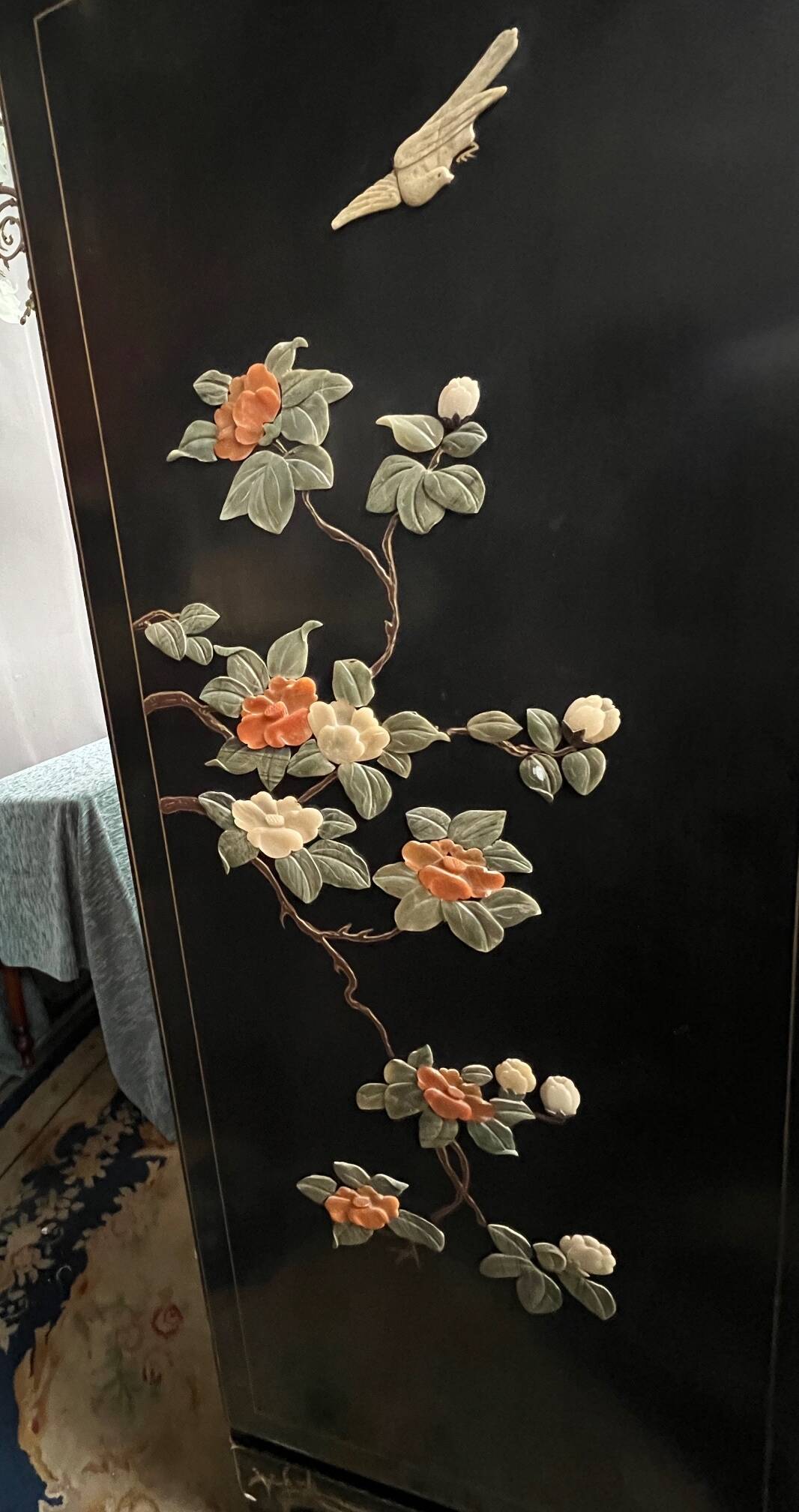 Chinoiserie style furniture. Mother-of-pearl, steatite, jade marquetry.