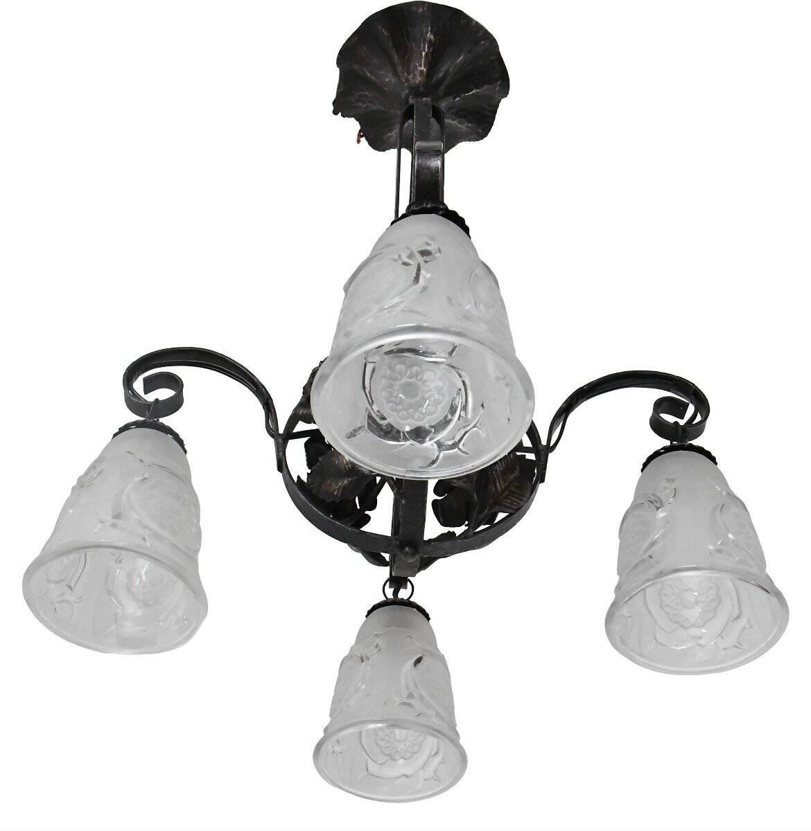 Art Deco style chandelier in molded glass and wrought iron frame