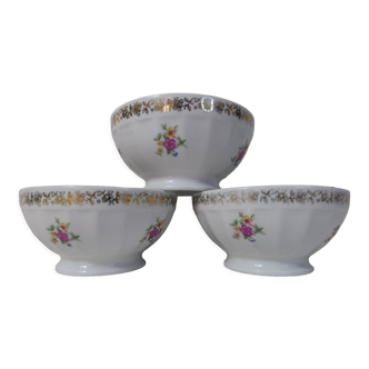 3 bols en porcelaine de Limoges blanc fleurs et or