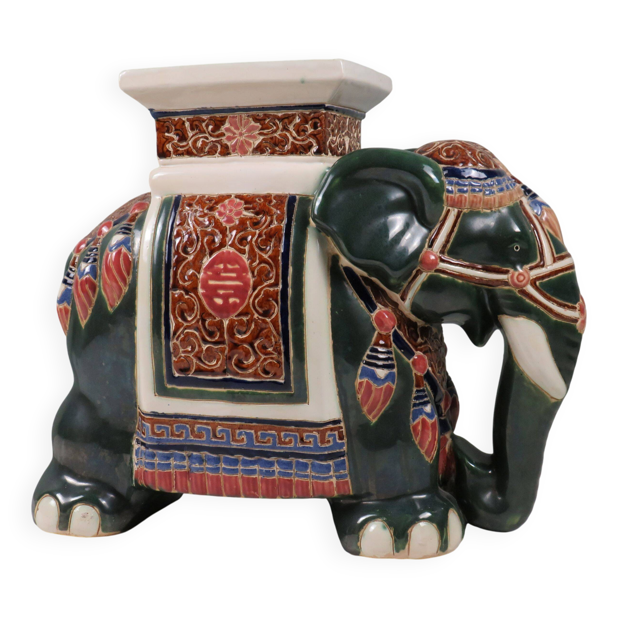 Large vintage ceramic elephant in glazed finish, stool or side table.