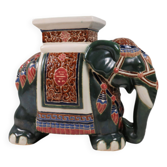 Large vintage ceramic elephant in glazed finish, stool or side table.