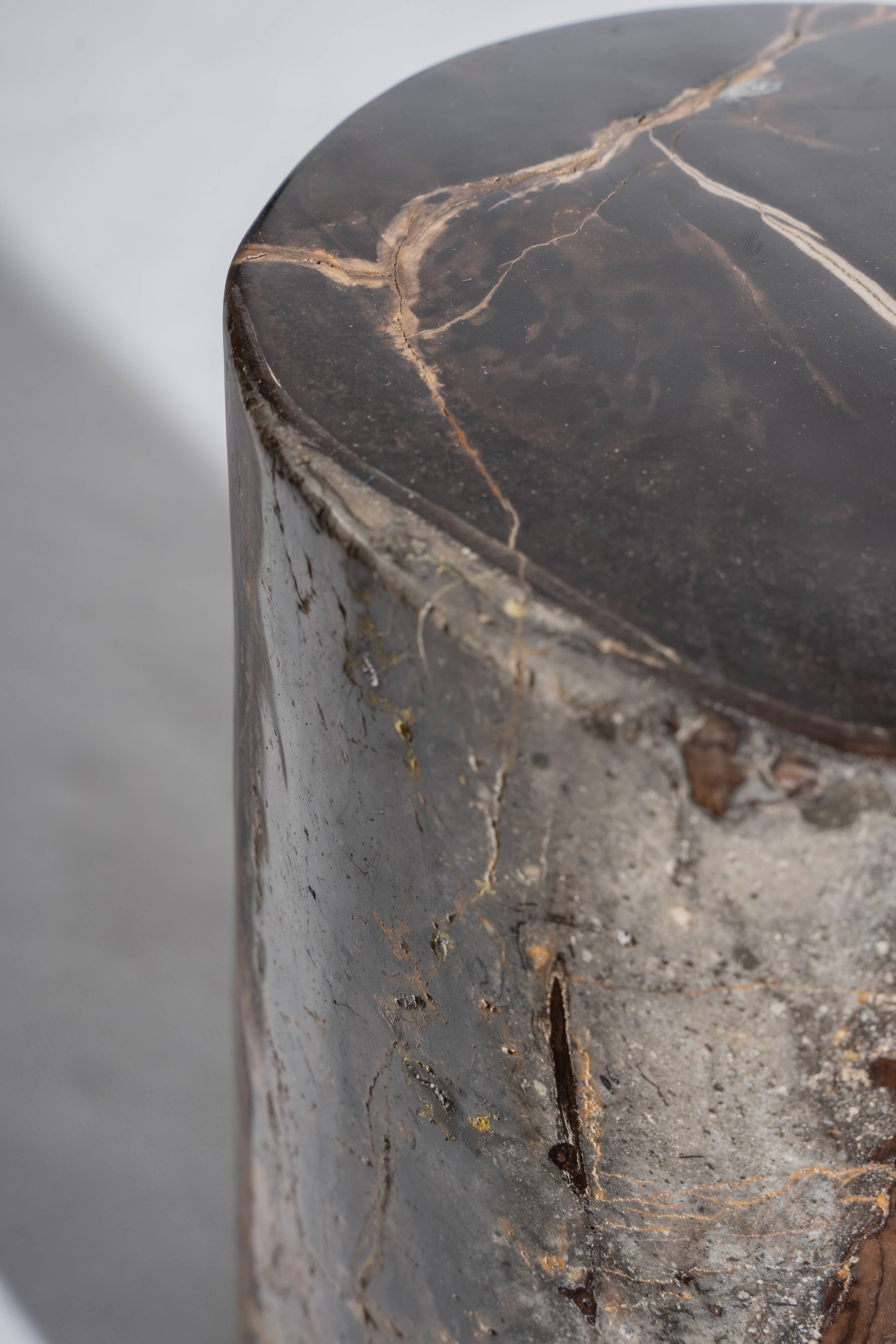 Side table in black petrified wood with light streaks h: 27,5cm d:18,5cm