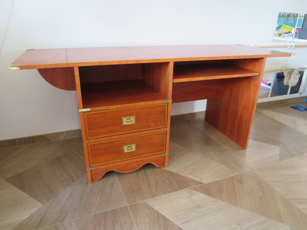 Elégant bureau Gautier fonctionnel-Large plateau à rabats-2 tiroirs-Tablette coulissante-années 90