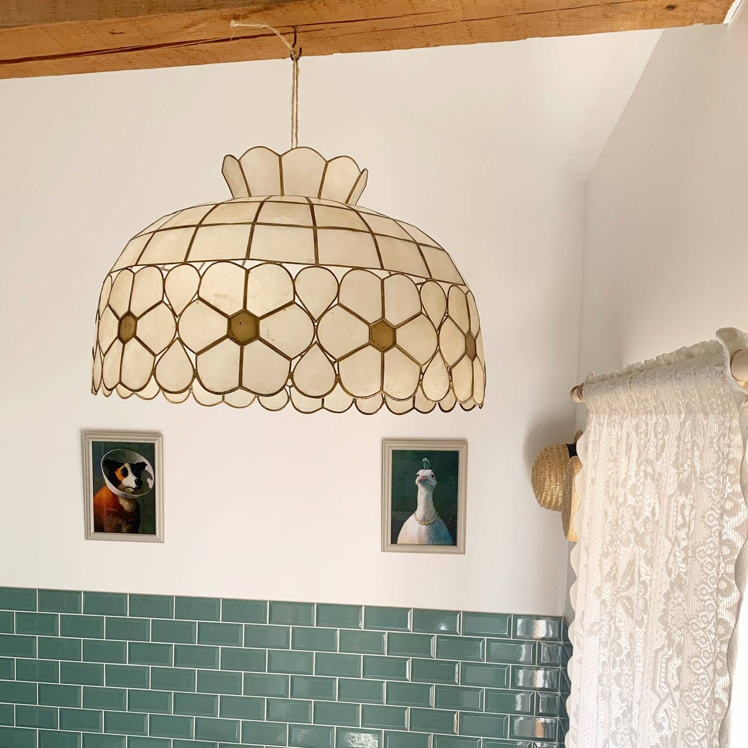 Vintage XXL pendant light in mother-of-pearl and brass