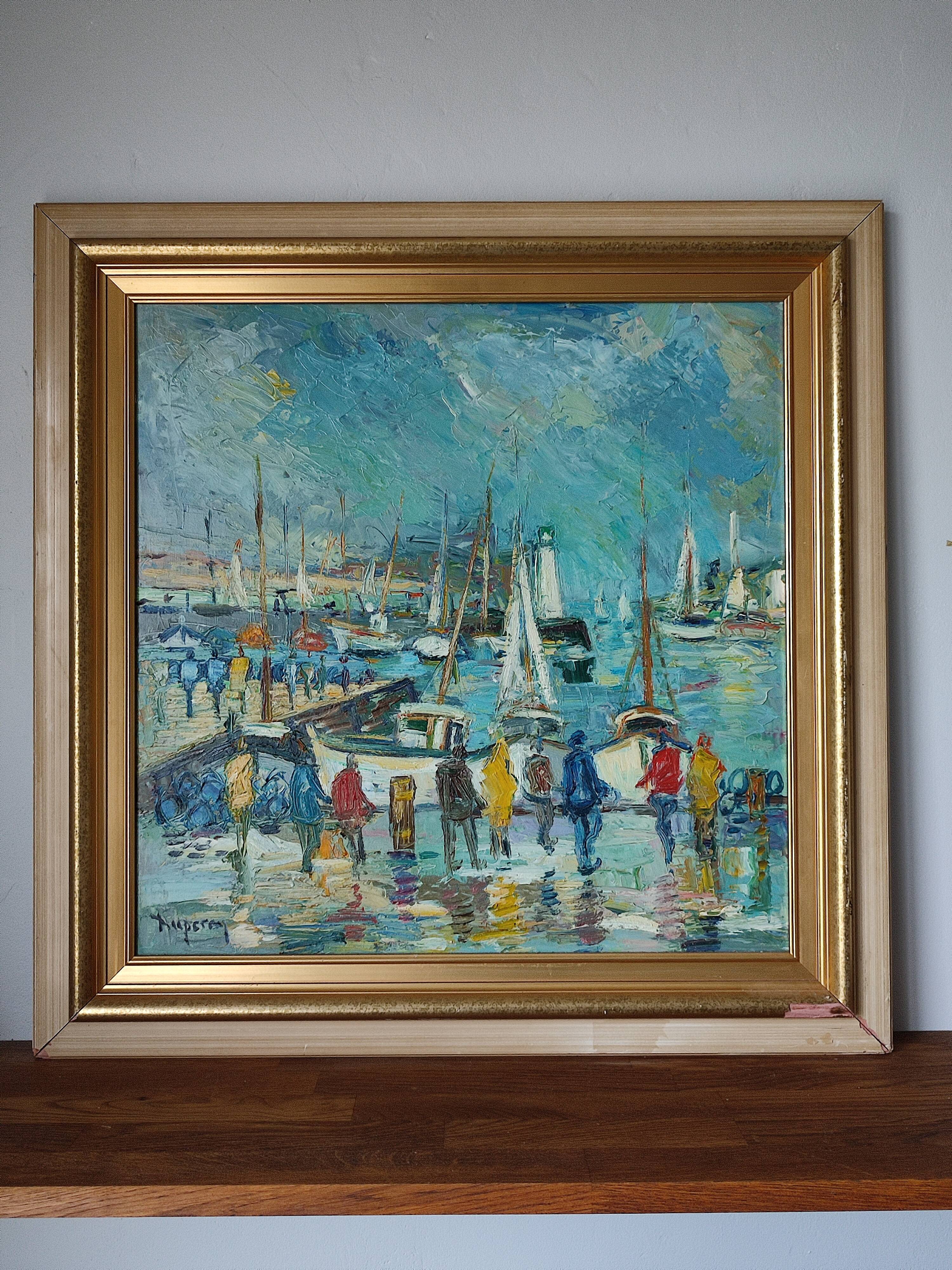 Oil painting on panel Alain Duperay port Breton, arrival of the fishermen