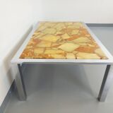Large vintage coffee table in chrome metal, yellow onyx stone and resin from the 70s