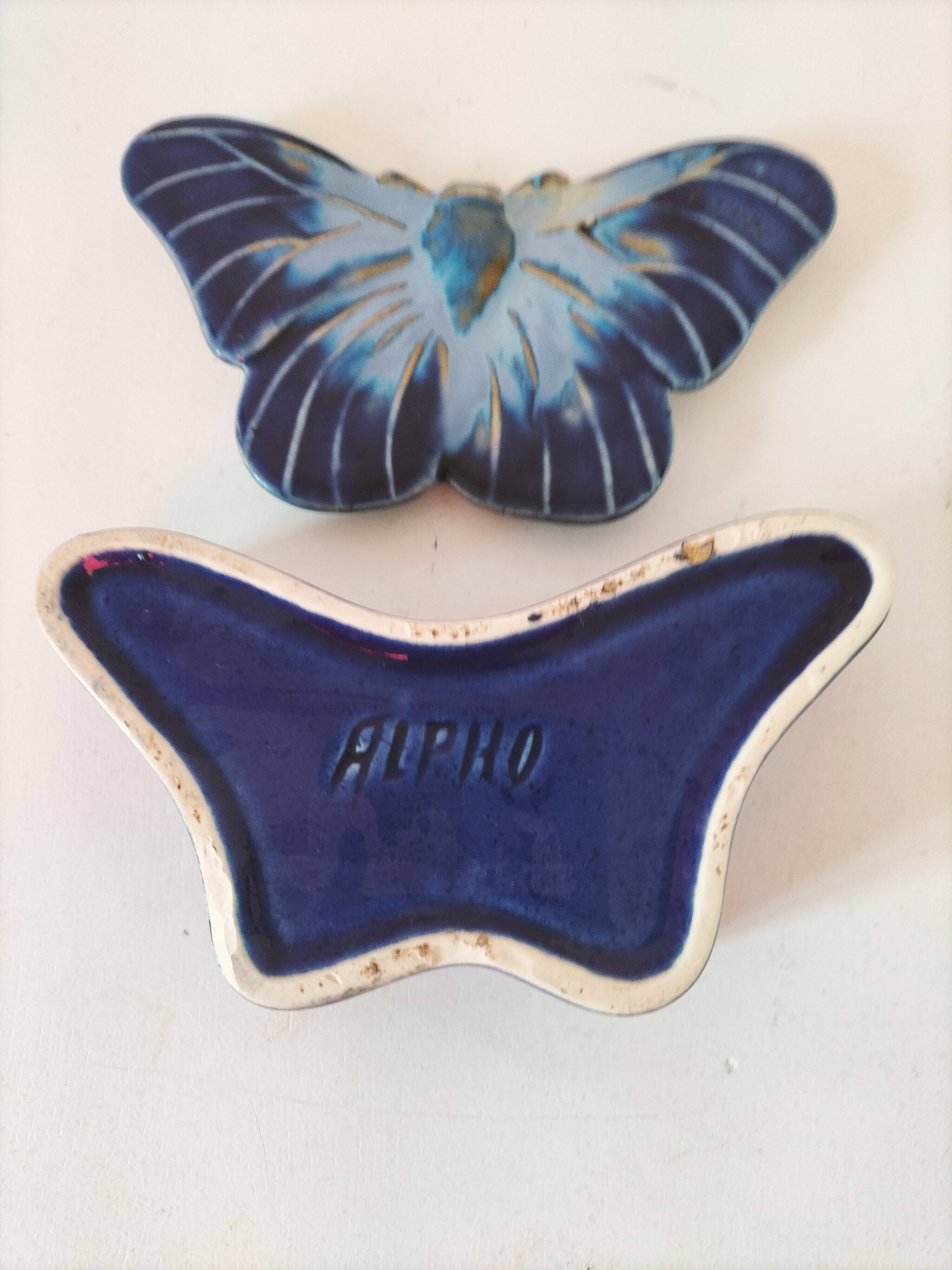 Vintage blue enameled ceramic butterfly box signed alpho