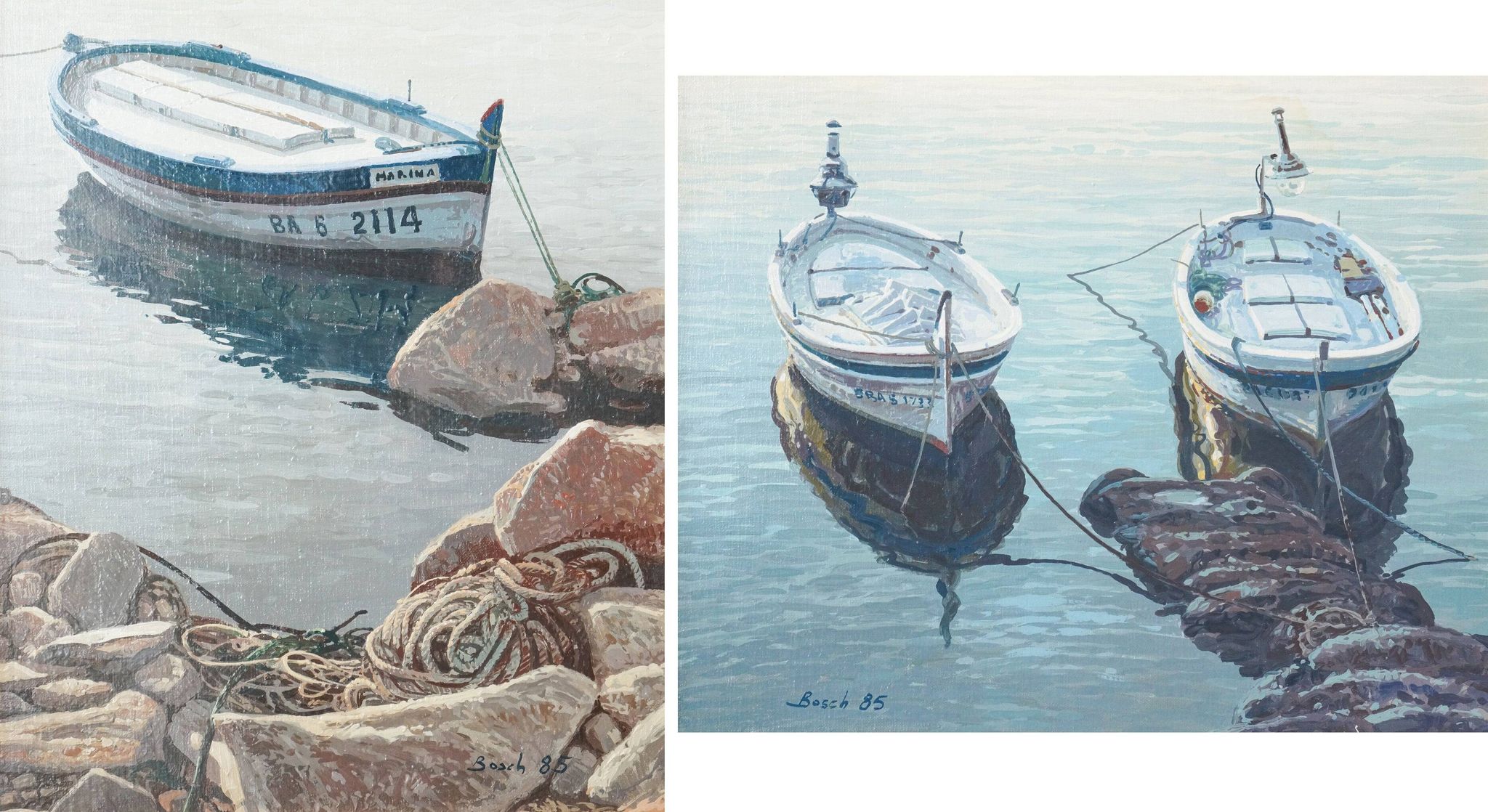 Deux Études Encadrées de Bateaux de Pêche - Signées Bosch
