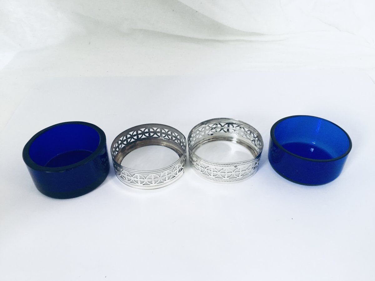 Pair of crystal salt shakers blue and silver